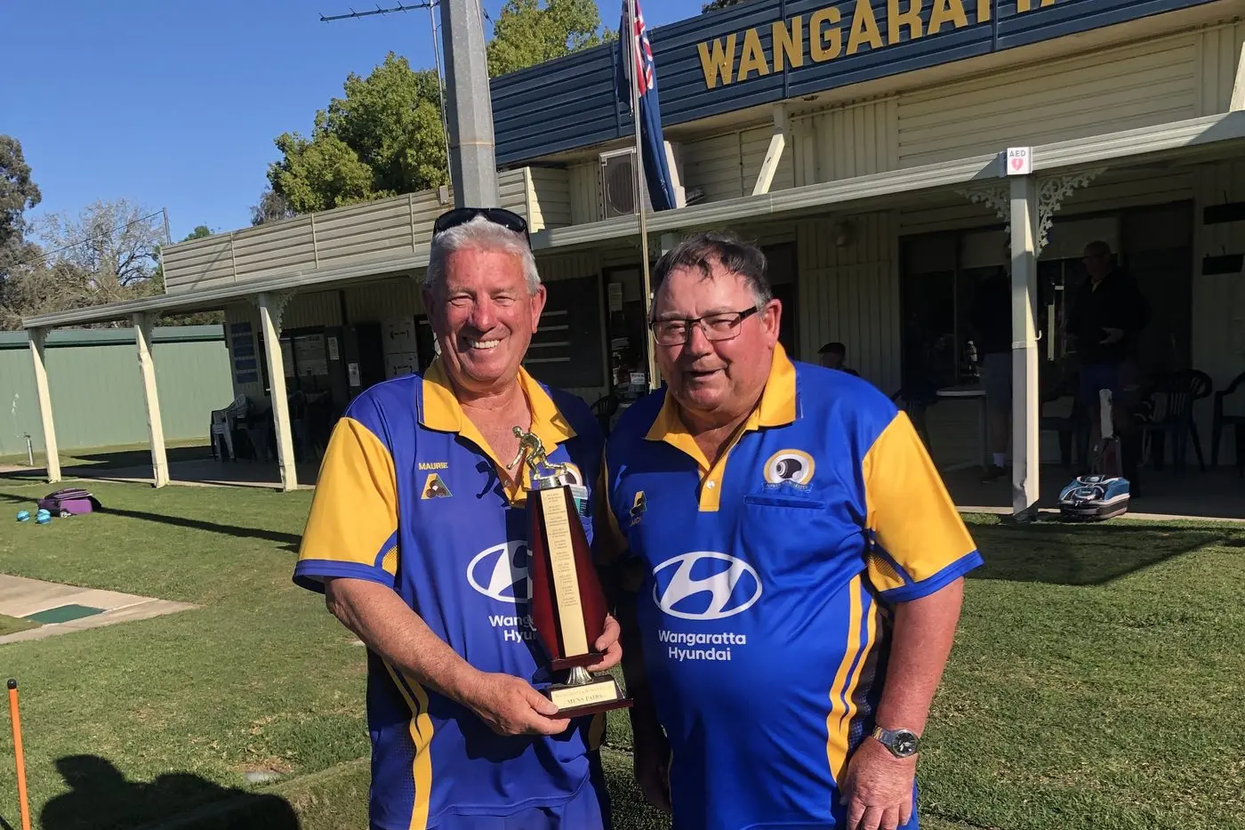 FIRST TROPHY OF THE SEASON: Maurie Braden and Mick Johnstone took out the club\\'s pairs championships on Sunday.