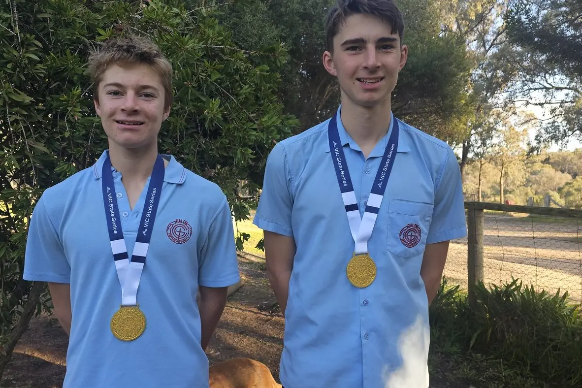 PROUD BROTHERS: Jackson and Levi Billings with their AusCycling Victorian Interschools Mountain Bike Series gold medals.
