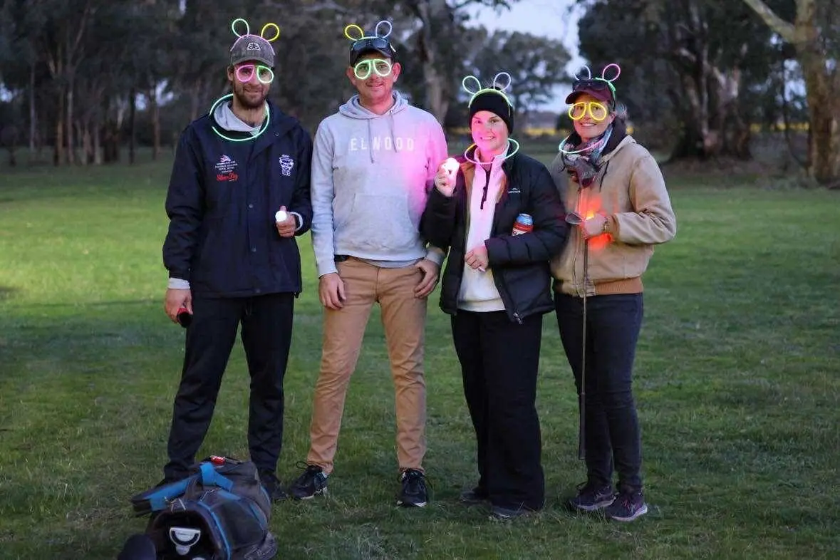 LIGHT ME UP: Jon Gay, Bryce Tresidder, Brit Renshaw and Caitlyn Hiskinswho competed in the BGC Night Golf event. PHOTO: Louise Kelly
