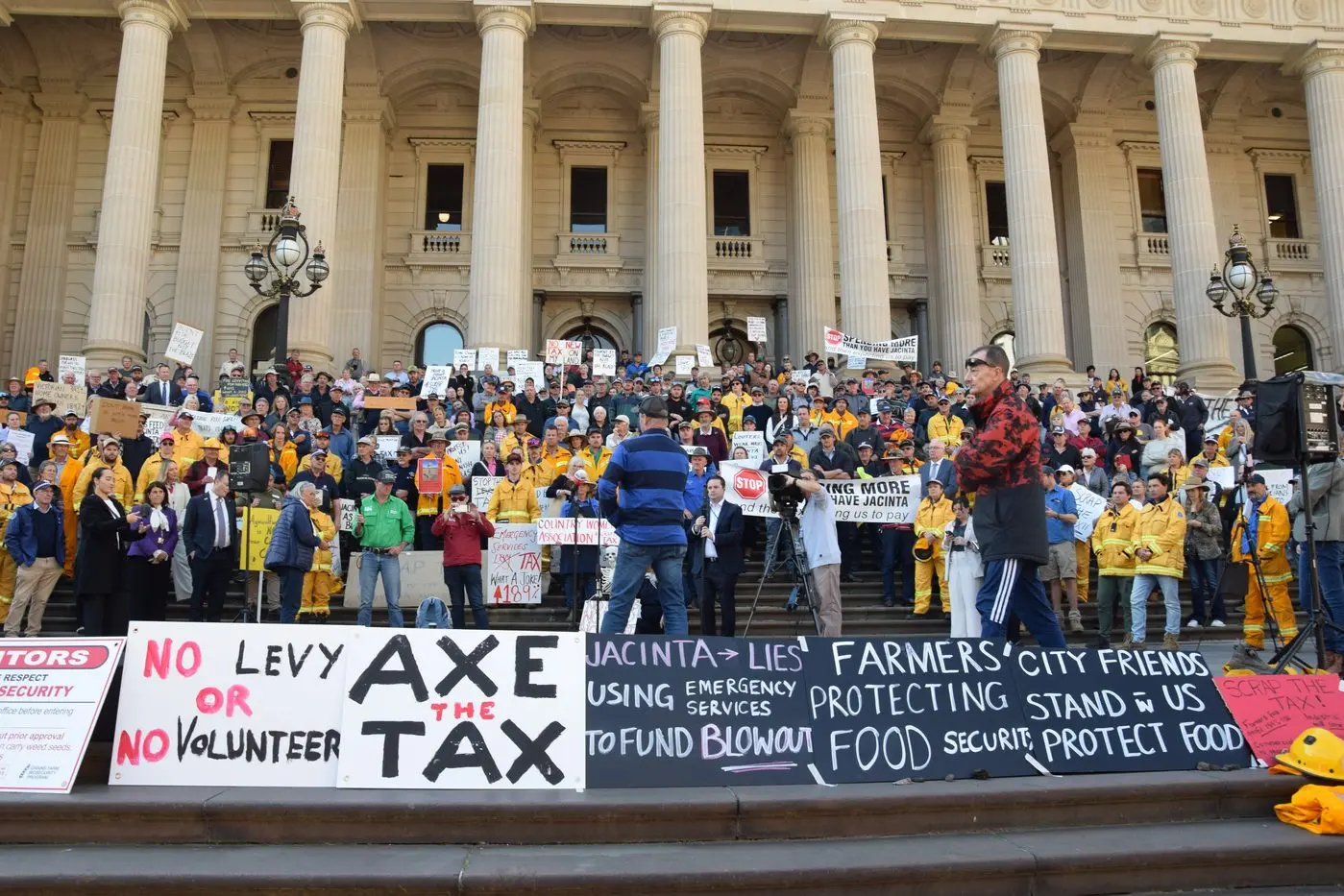 PROTEST: Emergency services volunteers and farmers alike showed up to the steps of Victorian Parliament on Tuesday to protest. However, the state government was able to garner enough support from the upper house crossbench to get the new property tax over the line. PHOTO: Andy Wilson
