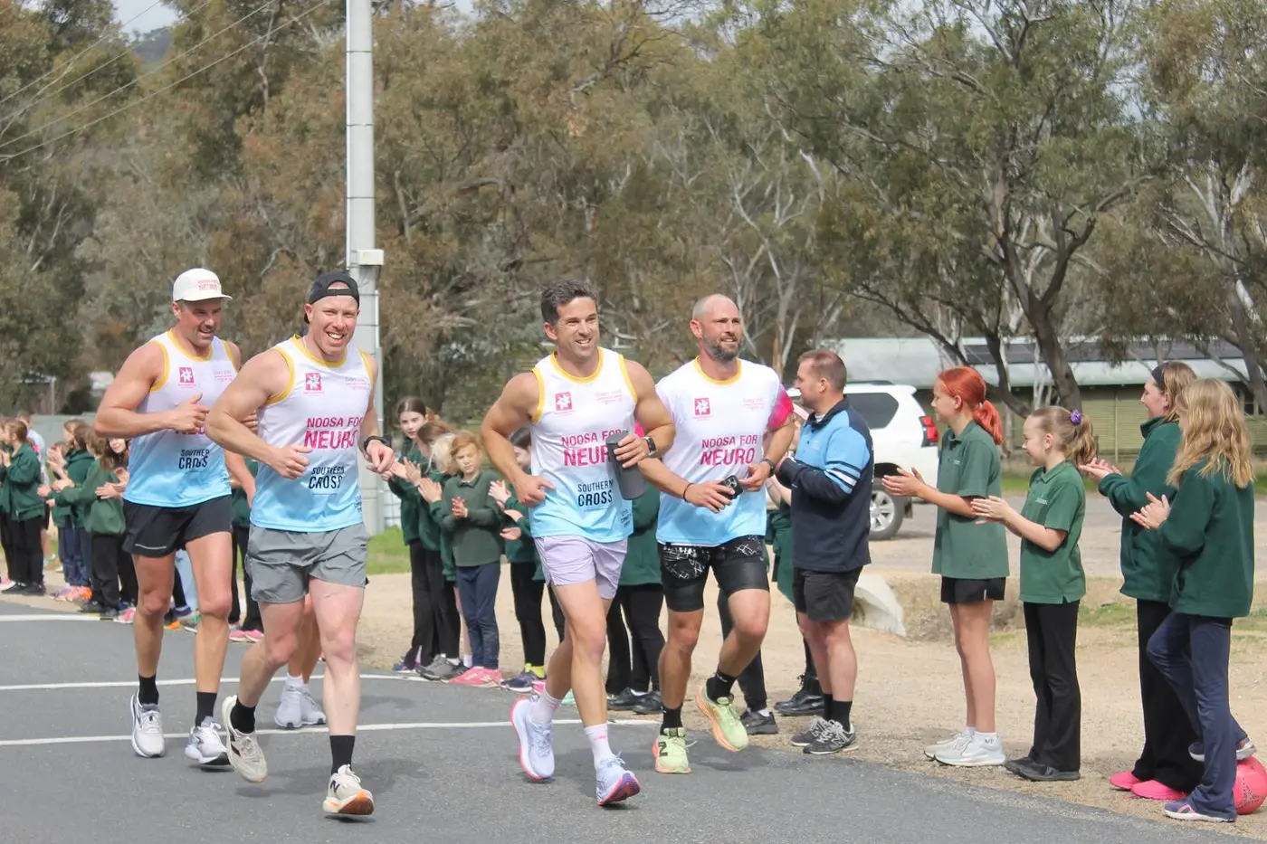 CHALLENGE UNDERWAY: Travelling from Parkdale, Trent Robertson (second from left) was joined by Luke Mann (to his left), Troy Allen (to his right) and Colin Stewart for the first phase of his \\'Noosa for Neuro\\' fundraiser through Glenrowan. PHOTOS: Jordan Duursma