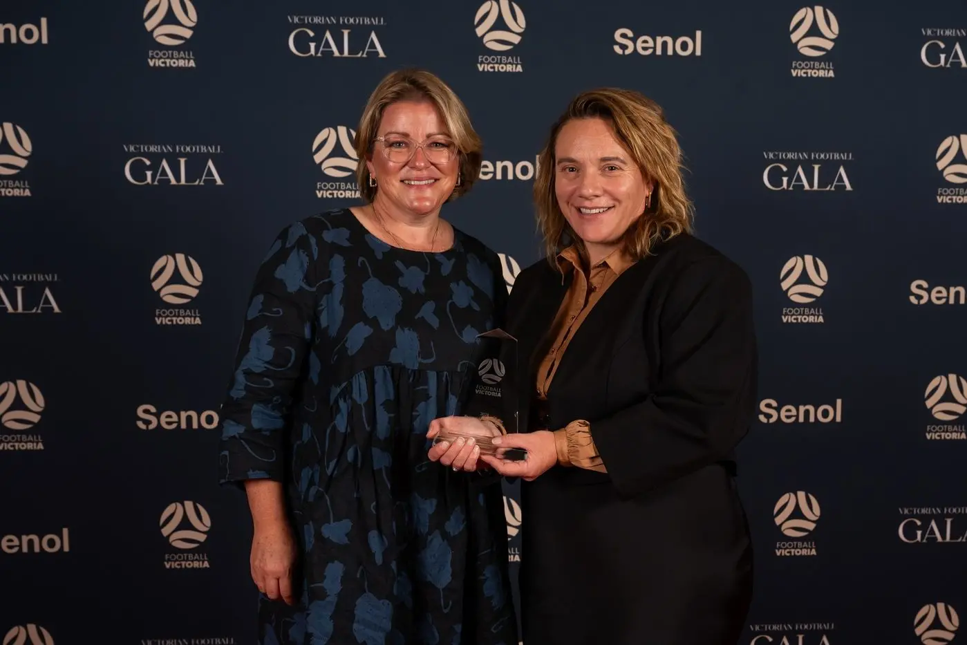 HONOURED: Wangaratta City FC committee members Melissa Aggenbach and Kristy Mellor at the 2024 Victorian Football Gala. PHOTO: Football Victoria