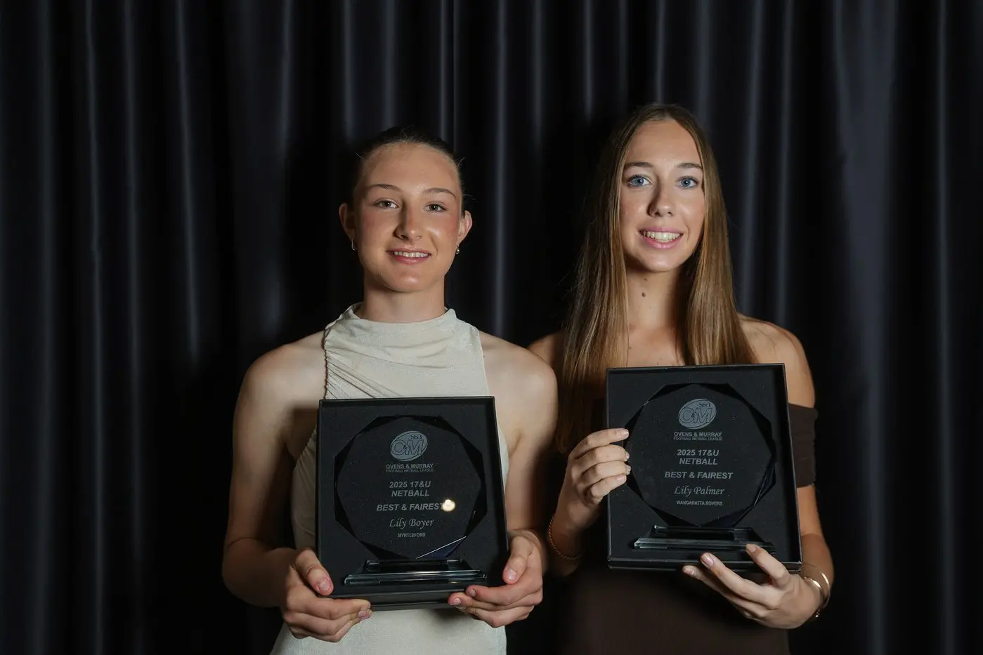 BEST OF THE BEST: Wangaratta Rovers netballer Lily Palmer (right) and Myrtleford\\'s Lily Boyer topped the count in the 17 and under division. PHOTO: Border Mail/Phoebe Adams