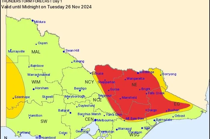 STORM SEASON: The potential for severe thunderstorms across the North East is likely heading into Tuesday evening, according to the Bureau of Meteorology thunderstorm forecast.