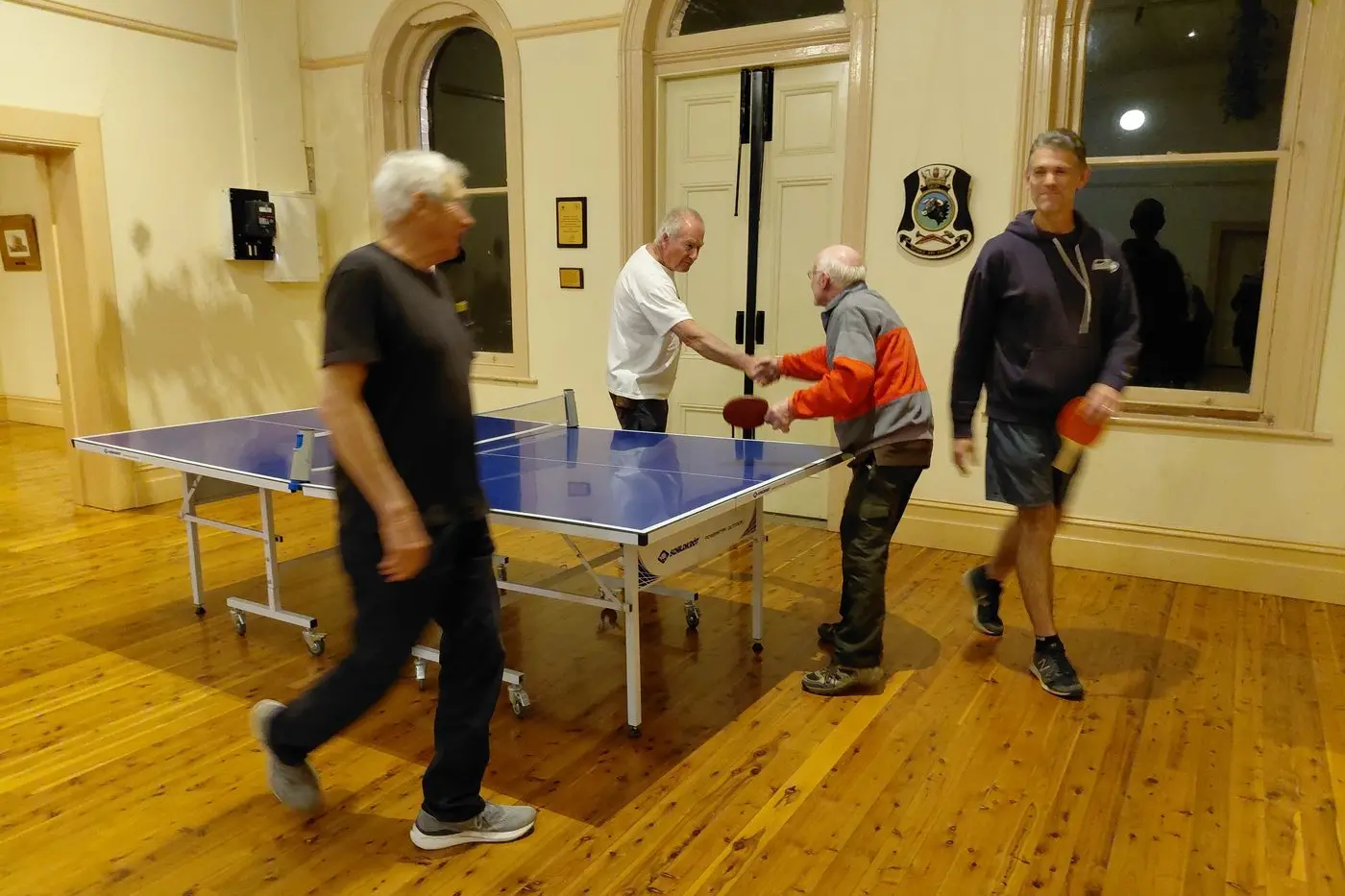 TABLE TENNIS TRIAL OF TWO NEILS: (from left) Neil Spurgeon and Neil Brock took on Don Heath and Bruce Fletcher, powering through the points in quick succession. PHOTOS: Phoebe Morgan.