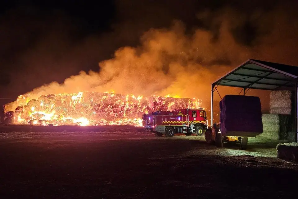 SERIOUS BLAZE: A hay fire at Kerang recently saw seven hay sheds and more than 800 bales of hay destroyed. PHOTO: Swan Hill Fire Brigade