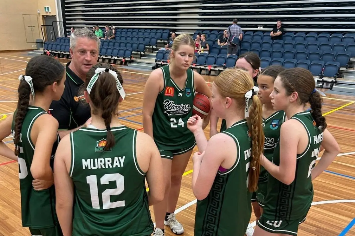 GAME PLAN: Wangaratta\\'s under 16 division two girls team go over strategies at the Wodonga tournament.