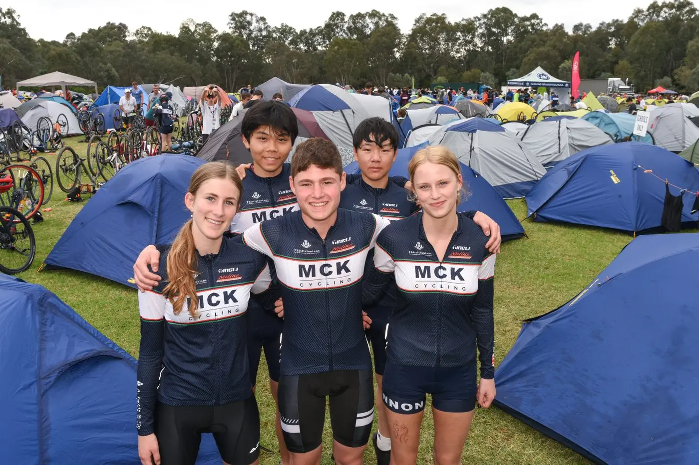 TENT CITY: McKinnon Secondary College students Ruby Johnston (left), Kim Li, Alexandru Virbanescu, Richard Li, and Clara Lovell were part of a 60-member team at Wangaratta Showgrounds base camp. PHOTOS: Kurt Hickling