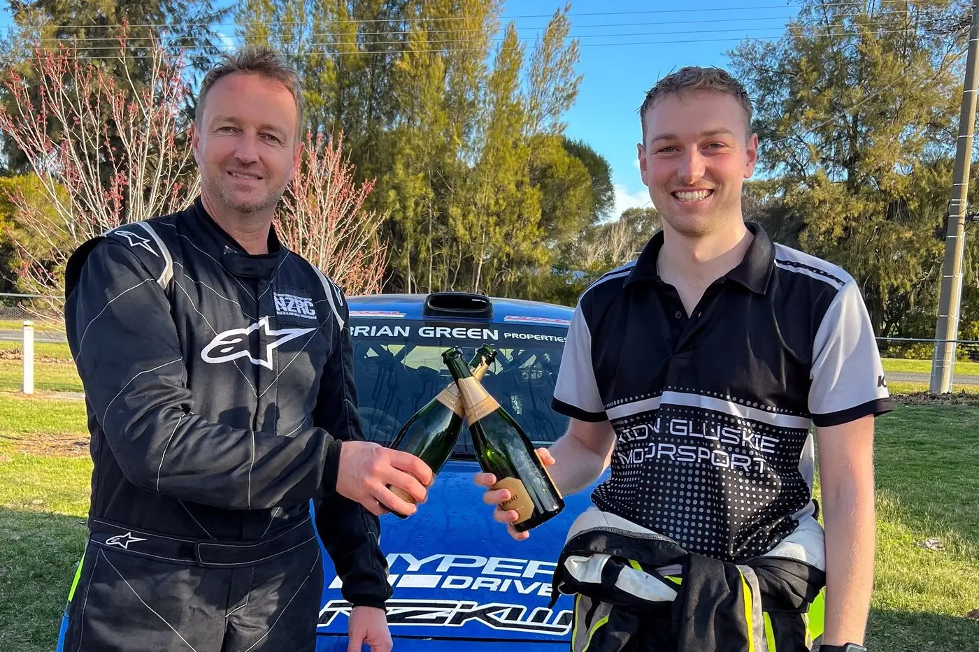 EAT OUR DUST: Matt Jensen and Jaidyn Gluskie after the podium celebrations at the Moyhu Recreation Reserve.