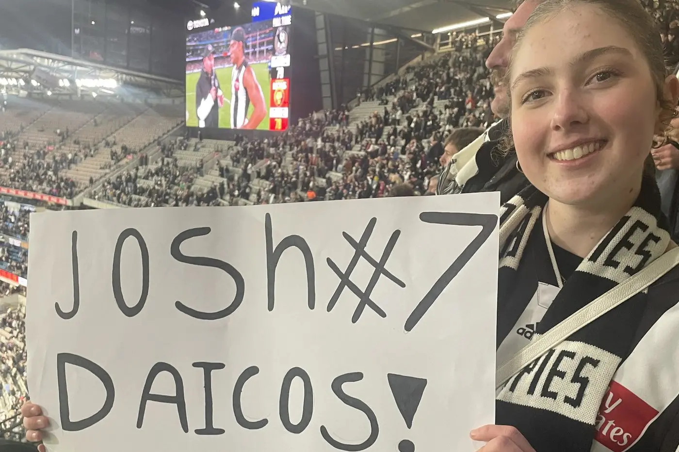 BOOTS?:A handmade sign and a run down to the boundary line after Collingwood\\'s thrilling victory was enough to secure Josh Daicos\\' boots.