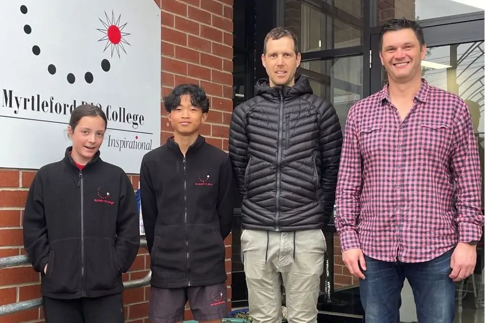 PERFECT PROGRAM: This year\\'s ski trip scholarship program participants (from left) Myrtleford P-12 students Liliana Turner Spesott and Chase Mendoza, together with teacher Clinton Slotegraaf and Myrtleford Ski Club president Alistair Browne look forward to the collaborative scholarship continuing for future snow loving students to enjoy. PHOTO: Myrtleford Ski Club