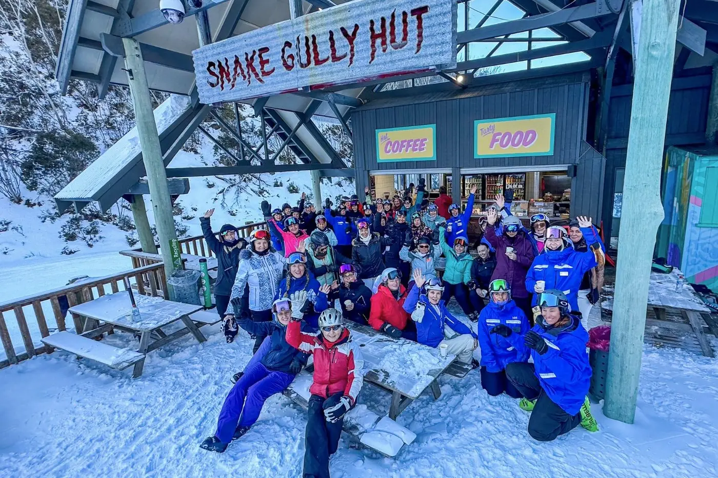 UNITED CAUSE: Skiers and snowboarders gather at Snake Gully Hut at Hotham, where $1 from every coffee sold was matched by Vail Resorts through the Epic Promise Foundation, and donated to the White Ribbon Foundation. PHOTO: Vail Resorts