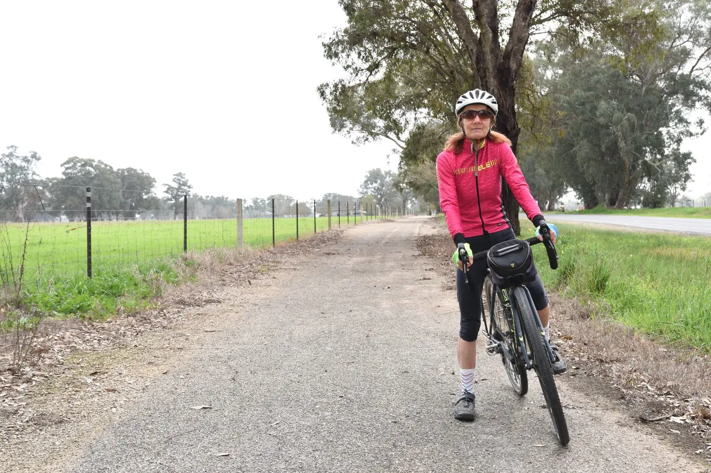 ON THE LOOKOUT: RoadSafe North East\\'s Anne Foord is among those taking extra care while cycling during magpie swooping season, wearing sunglasses to protect her eyes while riding the rail trail near Oxley. PHOTO: Kurt Hickling
