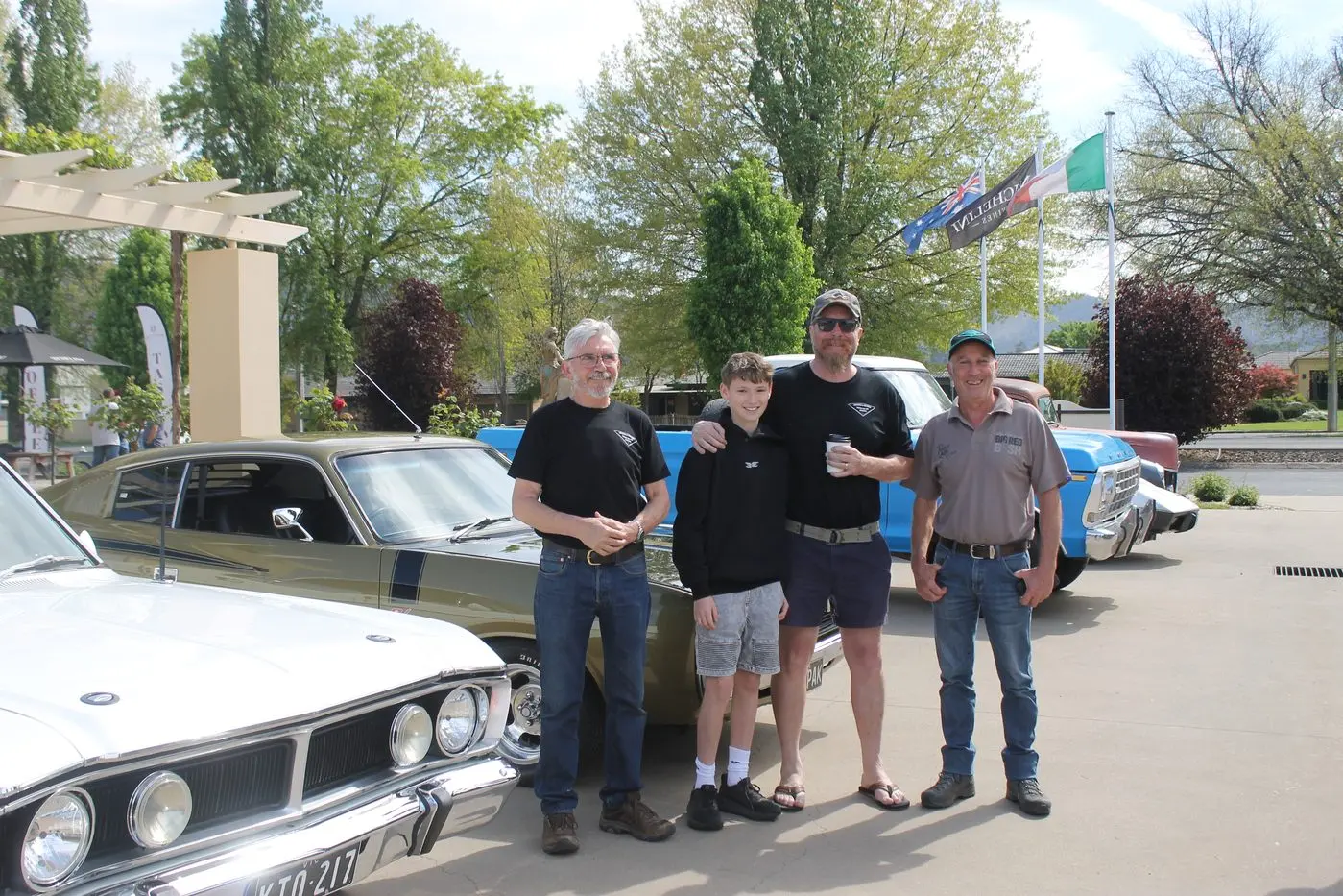 COFFEE AND CARS: Chopped and Changed Kustom Car Club Inc. (from left) secretary John Goodman, Theo and Scott Cooper (treasurer) and president Guido Cossigniani gathered with other members at Michelini\\'s Wines earlier this month, ahead of this Sunday\\'s show. PHOTOS: Phoebe Morgan.