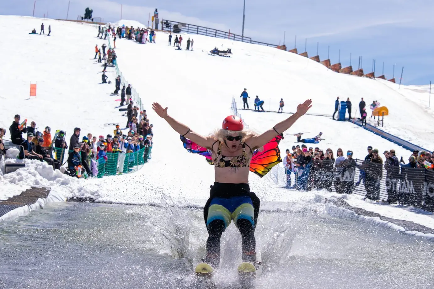 ENDING WITH A SPLASH: Mt Hotham and Falls Creek alpine resorts ended their 2025 snow seasons on the weekend, with novelty events such as Hotham\\u2019s inaugural Bird Bath Pond Skim (pictured) and Falls Creek\\u2019s similar Pond Skim event adding to apres vibe. PHOTO: Vail Resorts
