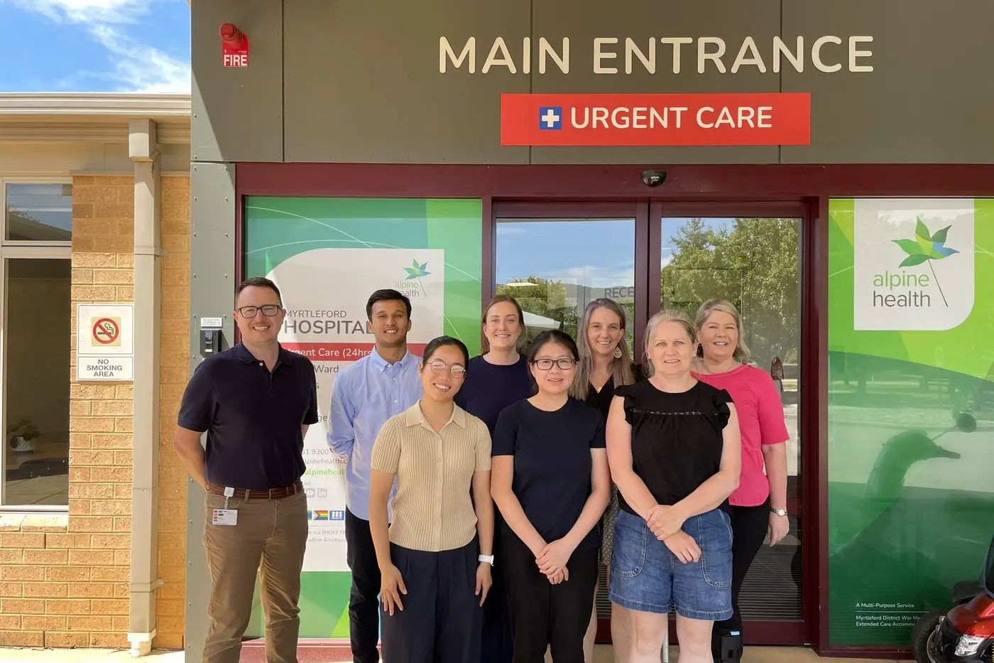 NEW NURSING NETWORK: (From left) Alpine Health CEO Rhys Gloury, graduate nurses Nis Chhetri, Daisy Laithang, Ashleigh Fenton and Zen Tan, Alpine Health executive clinical director Kelly Barton, graduate Nurse Jodie Germaine and Alpine Health education and training coordinator Helen Giles met at the start of this year\\'s new graduate nursing program.