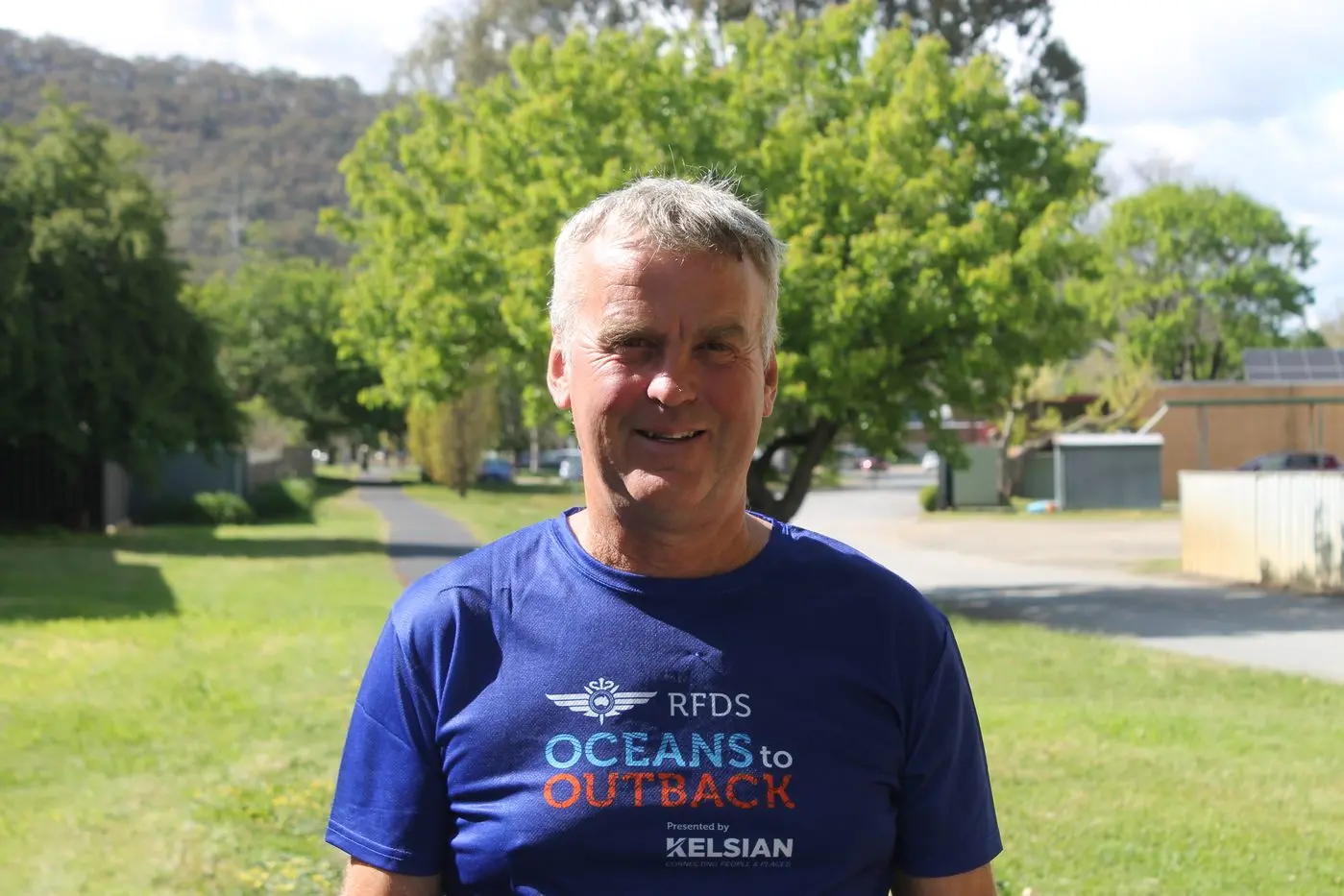 MYRTLEFORD MILES: Anthony \\'Tommo\\' Thomas does laps around the Myrtleford Recreation Reserve, rail trail and Happy Valley Creek to raise funds for RFDS. PHOTO: Phoebe Morgan