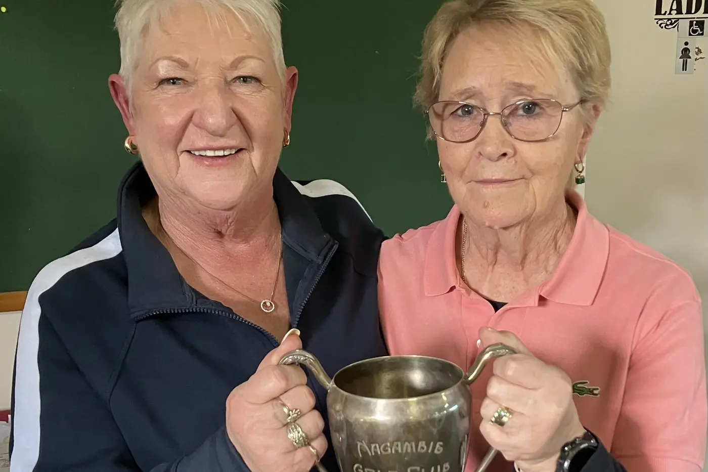 STABLEFORD WINNERS: Annette Mills and Jane Bow celebrate their impressive weekend victory.