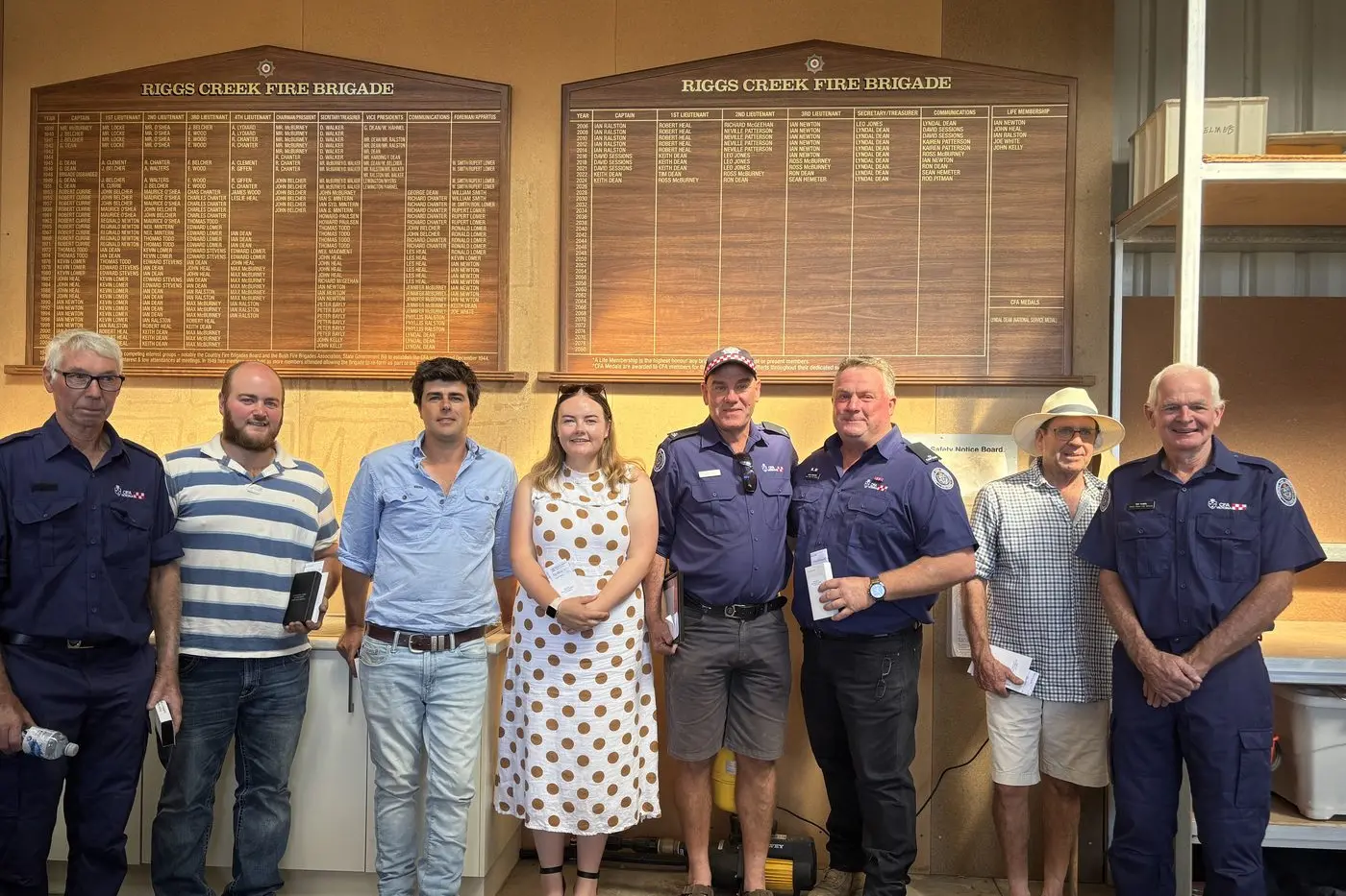 FOUR CENTURIES BETWEEN THEM: A number of service awards were presented on the day to various members, totalling a combined community service of 410 years and included Ian Ralston, Alex Dean, Ross McBurney, Bec Dean, Ian Clayton, David Sessions, Rob Heal, and Ray Kubeil. PHOTO: Lyndal Dean