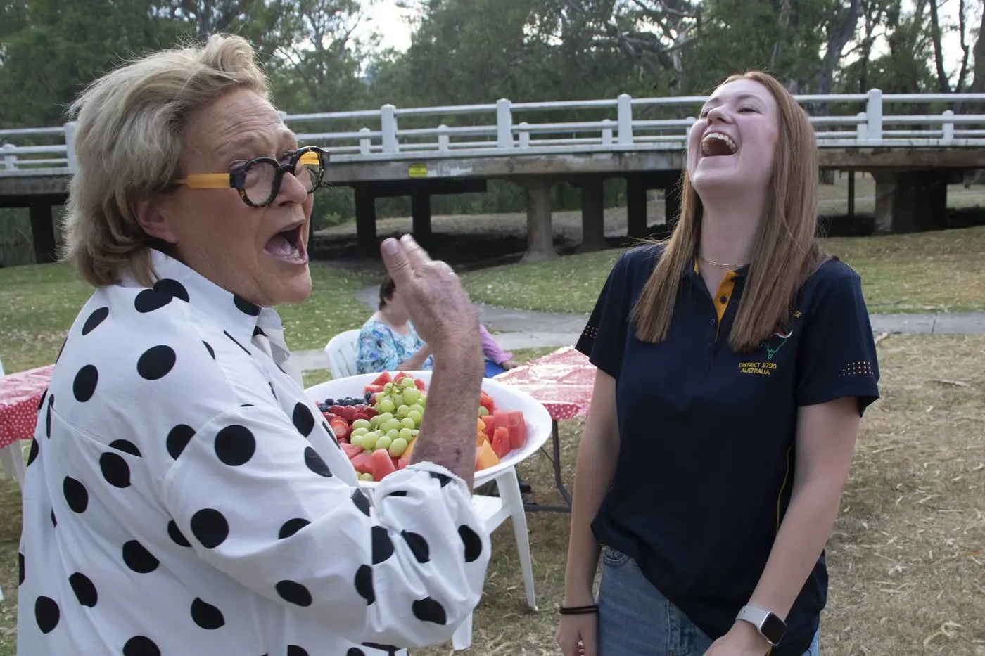 FUN-FILLED FAREWELL: Rotary Club of Euroa president Helen Waterworth hams it up with Oakley Paul at a goodbye breakfast before Oakley\\'s departure on Saturday. PHOTO: Dale Mann