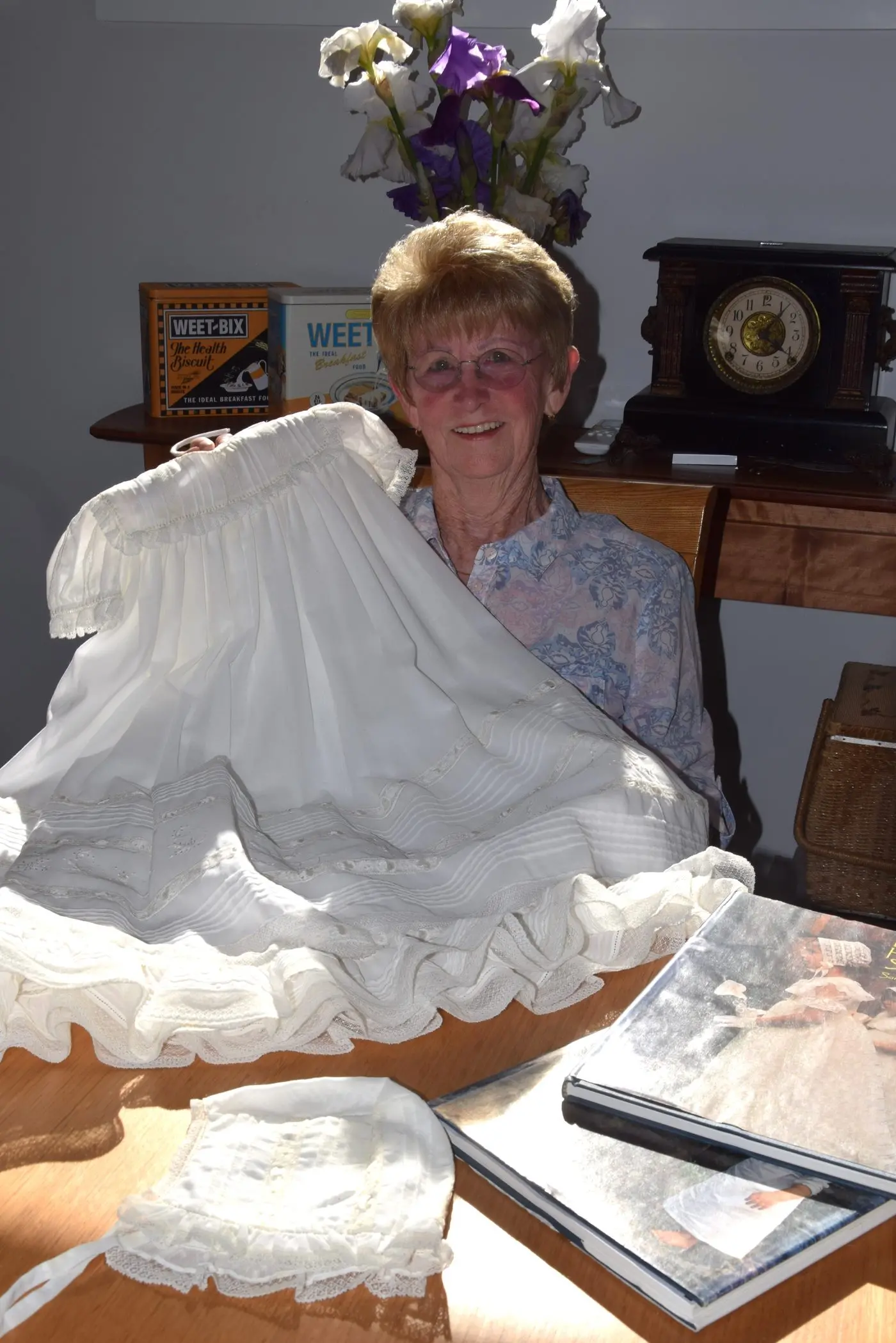 GIVE MELBOURNE A GO: Wendy with the petticoat of the three-piece garment. Only two parts of the outfit were required for the exhibit.