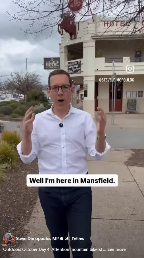 FLYING VISIT: When Steve Dimopoulos came to Mansfield to announce the construction of five new mountain biking tracks on Mt Buller, he didn\\'t call in at council. PHOTO: Facebook/Steve Dimopoulos