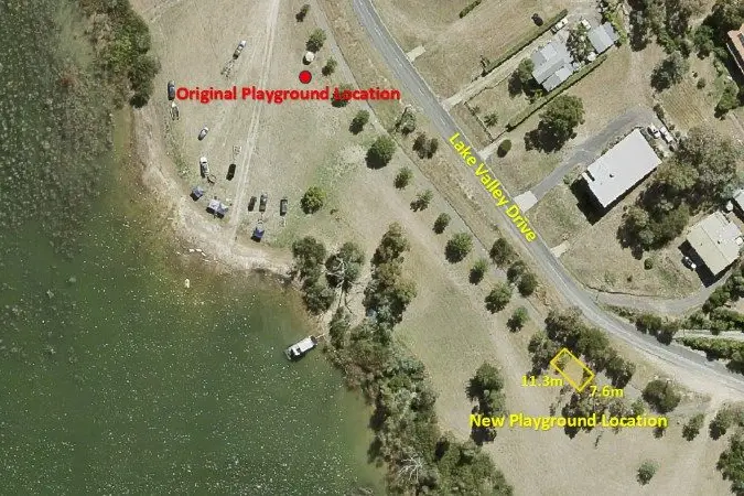 LAKE VALLEY DRIVE SITES: Initial position in red (near Anchorage Way) and the subsequent position in yellow further along Lake Valley Drive, identified during the 31 May site walk and later endorsed by council on 19 September 2025.