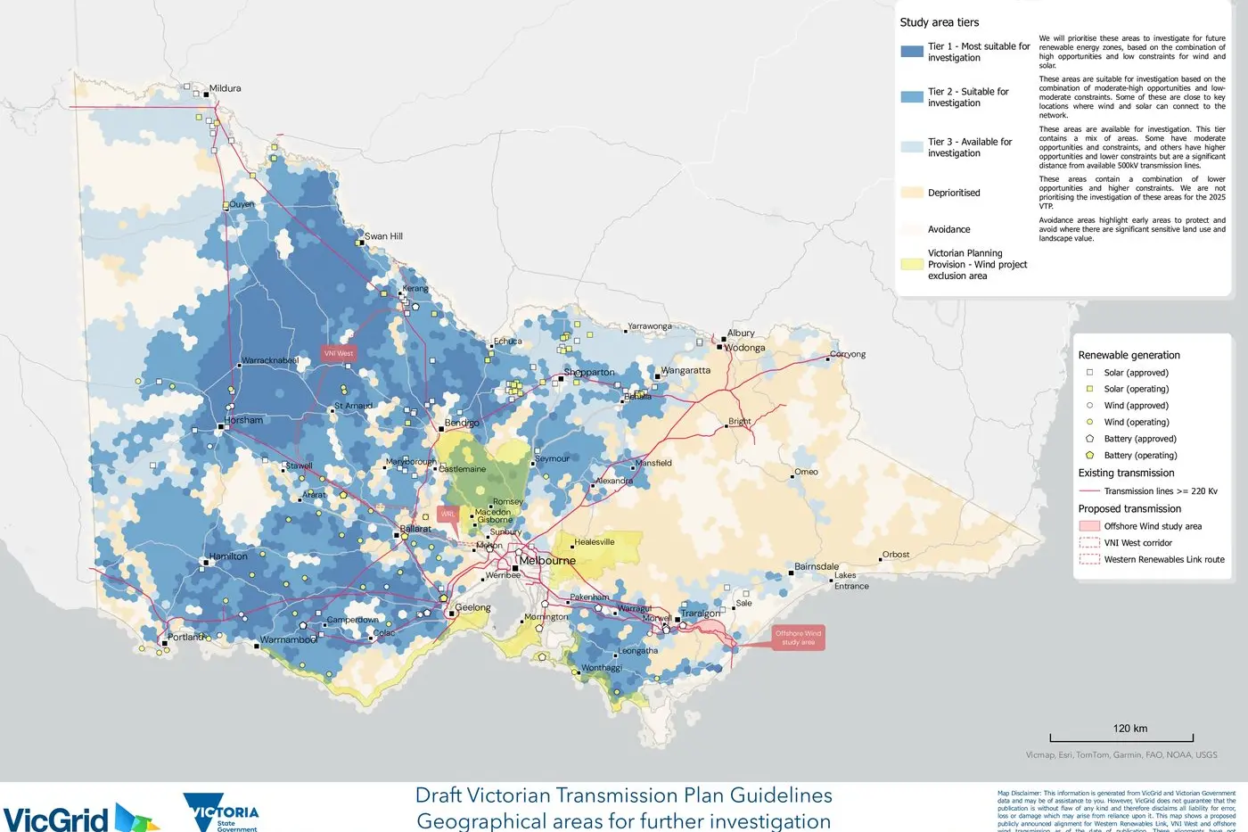 IN THE BLUE: A draft map of the transmission plan, with geographical areas marked for further investigation.