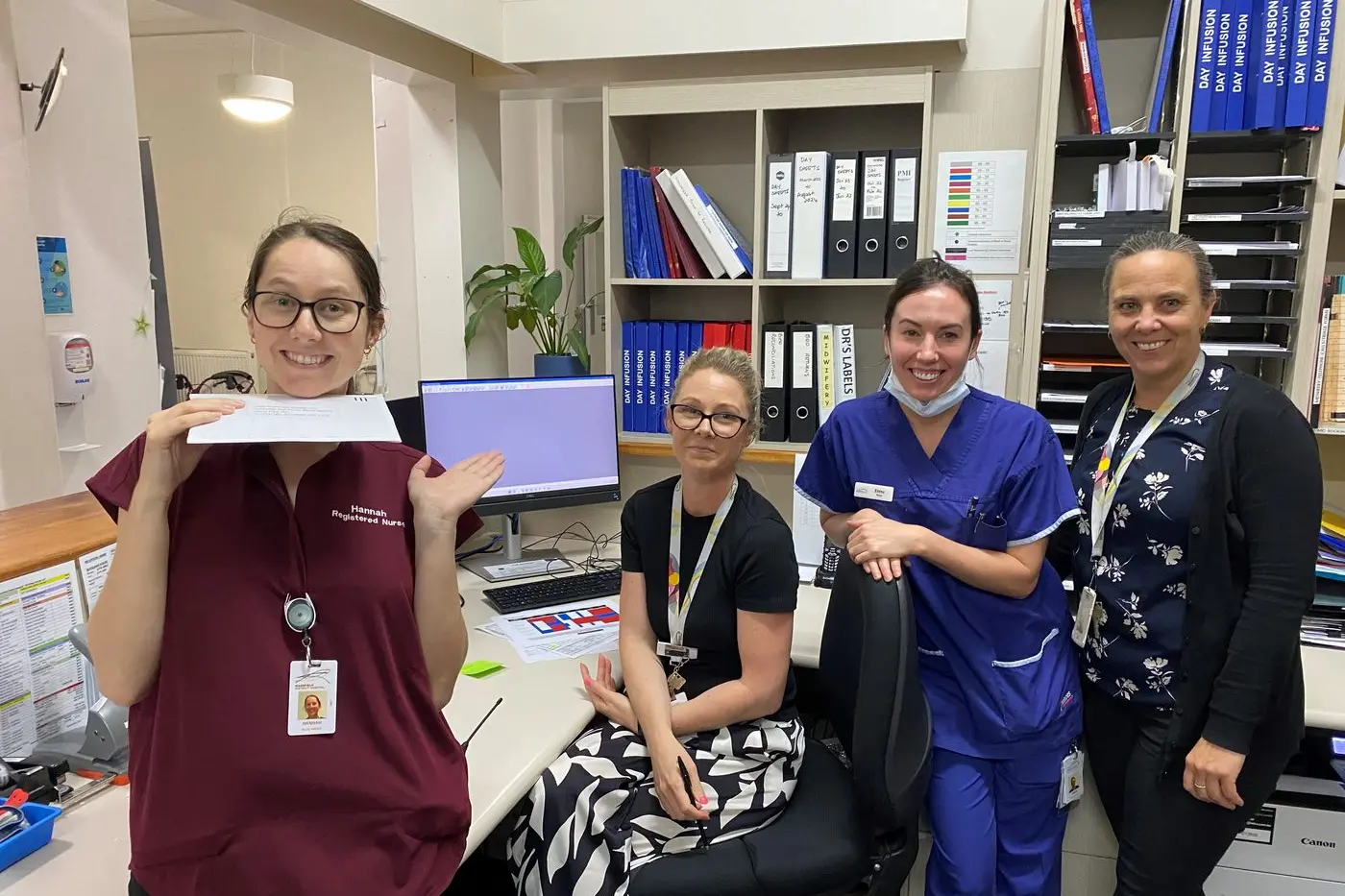 PATIENT ADMINISTRATION EASE: (From left) Mansfield District Hospital\\u2019s team at Go Live of the new Patient Administration System - Hannah Wright (Nurse Unit Manager), Lauren Kiefer (Ward Clerk), Emma Timms (Urgent Care Centre Nurse) and Leonie Berry (Health Information Officer and Administration Manager).
