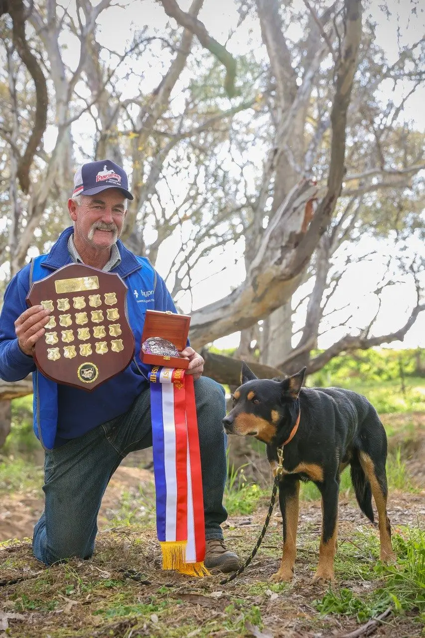 ON THE HONOUR BOARD: Dale Thompson, Benalla, with Giles Creek Clay after winning the Murray Valley Yard Dog Championships at the Henty Machinery Field Days. PHOTO: Andy Rogers