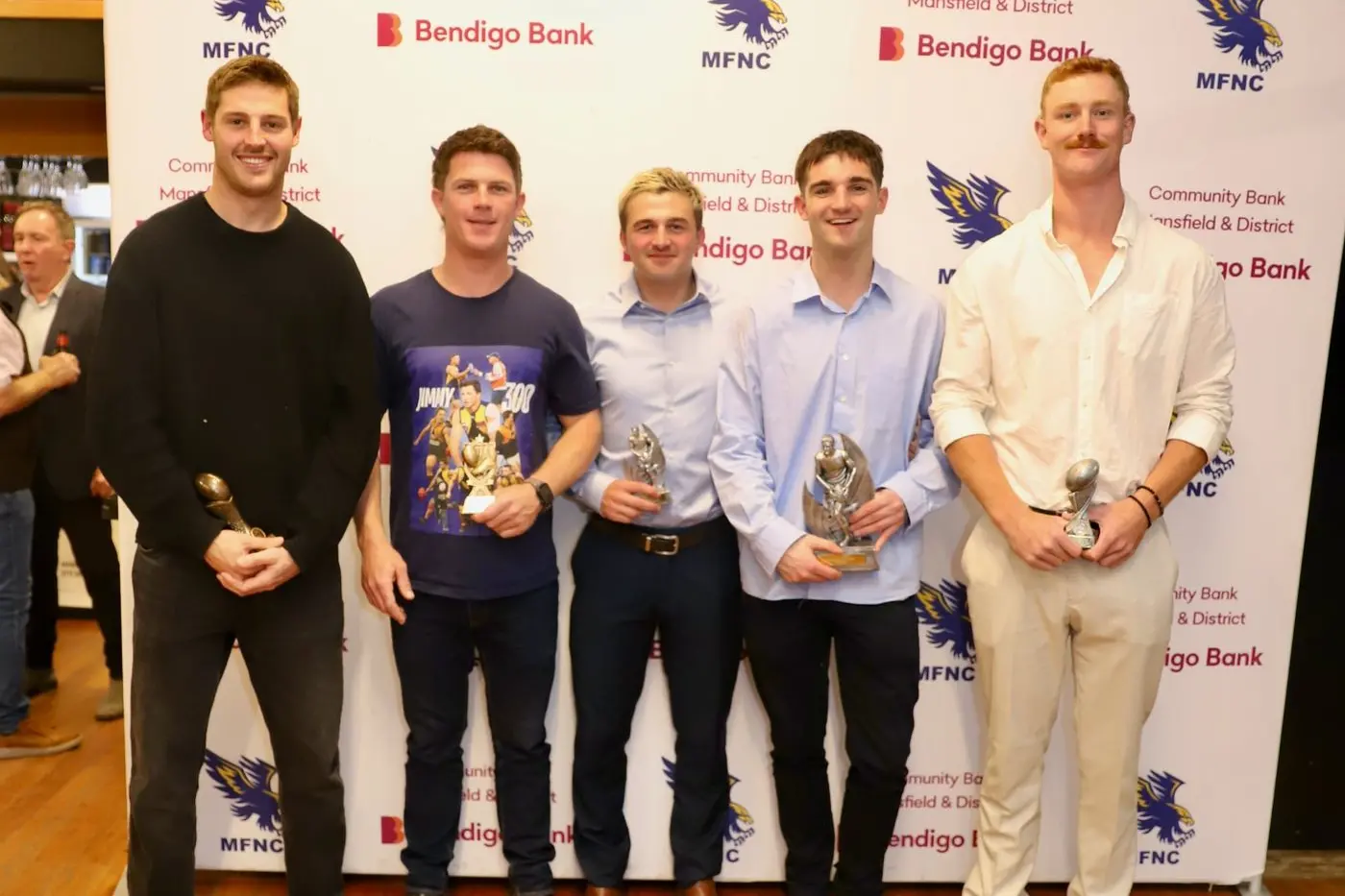 SENIORS FOOTBALL: Dirk Koenen (Most Consistent), Billy Hogan (Leading Goalkicker), Cody George (Coaches Award), Matt King (Runner Up B&F) and Gus Van Der Hayden (Best First Year).