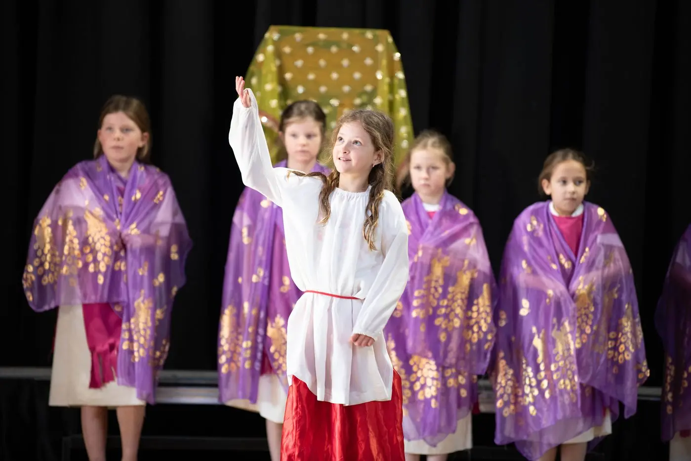 BALANCED CURRICULUM: The 2025 class three play was Esther, Star of Persia enacting a story from the student\\'s Ancient Civilisations study.\\nFront Matilda McMahon with from left in the rear Gemma Hood, Sienna Boshevski, Scout Riley and Lucy Mongelli.\\n