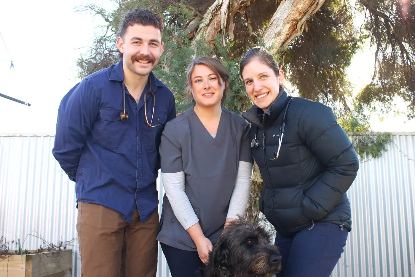 COMMENDED EFFORTS: Dr Sam Paterson, veterinary nurse Laura Hollyoak, Dr Monica Kunze and Grizzly the German wire-haired pointer cross will be extending a helping hand at the Pets In The Park clinic. PHOTO: Jordan Duursma