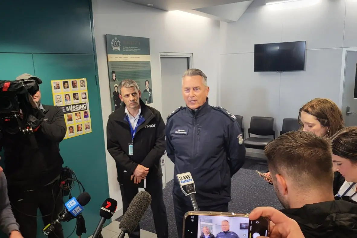 MORE FRONTLINE POLICING PLEDGE: Victoria Police Chief Commissioner Mike Bush in Wangaratta during the initial stages of the search for suspected police killer Desi Freeman.