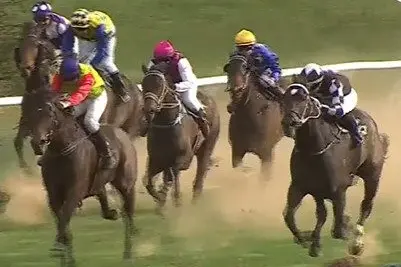STUNNING RUN: Swooping out wide, Loveofmylife reeled in the eventual runner-up Altai Ranger, managing to just put her head in front as the finishing line loomed, to win by slightly more than a neck.