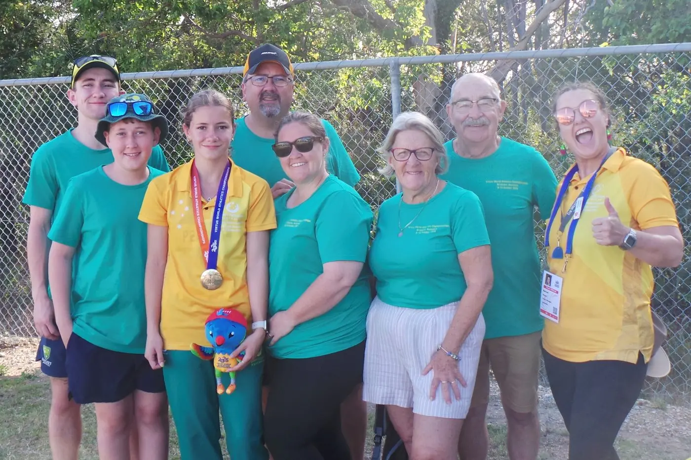 WELL-SUPPORTED: Wangaratta\\'s Lara Pearson was female youth gold medallist at the recent Virtus World Athletics Championships in Brisbane, where she was surrounded by a support crew including Brody Pearson, Reece Pearson, parents Ashley and Jaya, grandparents Damen and Julie Knowles, and Wangaratta District Specialist School PE teacher and Virtus Australian team manager Rowan Barrow.