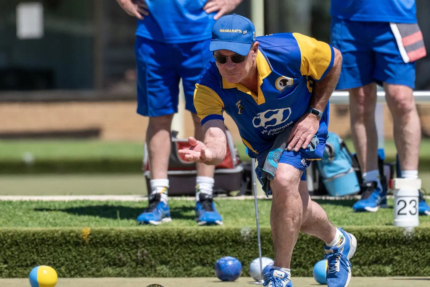 IN MOTION: Mark Allan rolls one down the green for Wangaratta A1 as they went on to an emphatic win over Rutherglen at home on Saturday. PHOTOS: Melissa Beattie