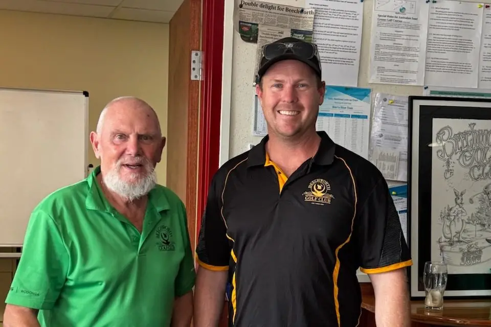 HOMEGROWN HEROES: Beechworth Golf Club vice president Andy Croome and C grade runner up Jackson Wells at the club\\'s Men\\'s Tournament last Sunday.