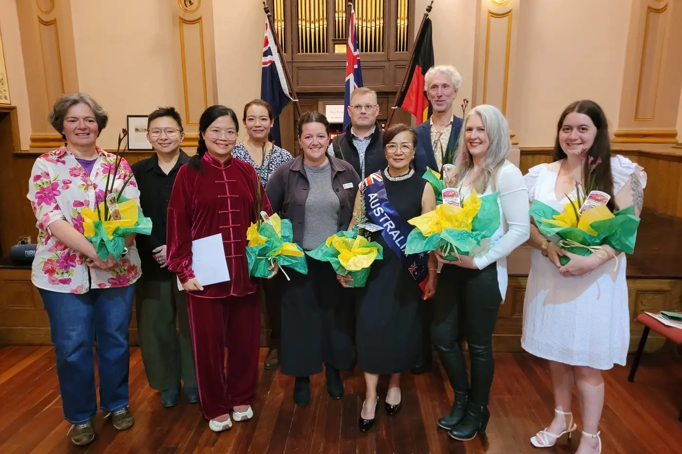 NEW AUSSIES: Teresa Tomat (left), Jessica, Zhengyi Feng, Wanwisa Iamjang Indigo Shire mayor Sophie Price (ceremony presiding officer), John Howe, Pakmon Chananarong, Elroy Bos, Lisa Venola and Tabitha Desmarais all proud to become new Australian citizens last week. PHOTOS: Coral Cookely