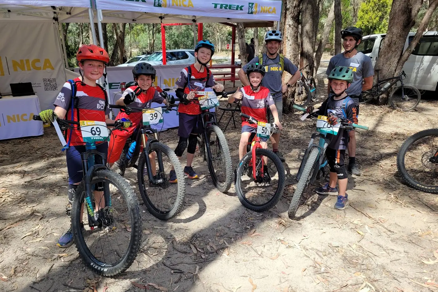 FUN ON WHEELS: Beechworth Chain Gang club members Max Wood (left), Zachary Hoare, Ruairidh Grigg, Austin Corish, Brendan Grigg, Archie Grigg and Shane Corish enjoyed taking part in a NICA \\u201CTry-It-Out\\u201D session in the pilot program on Saturday. PHOTOS: Coral Cooksley 