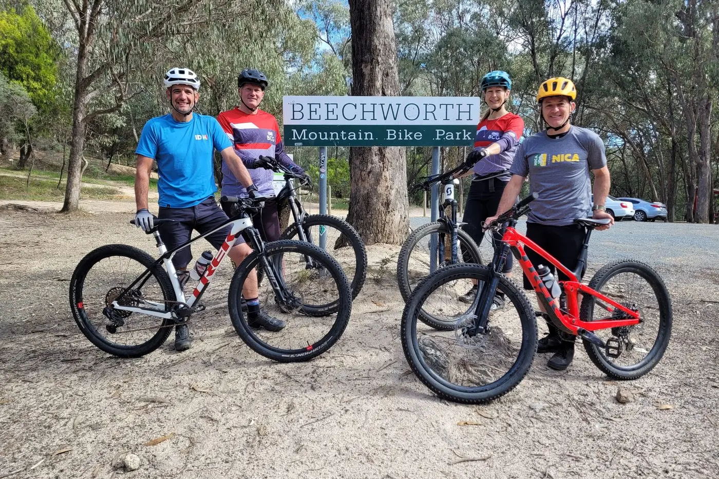 CREATING CYCLING COMMUNITIES: NICA\\u2019s Eddie Freyer (left), Beechworth Chain Gang member Michael Hoare and recently appointed NICA Australia general manager Lynne Frerichs with Trek Bicycle, Asia-Pacific\\u2019s Mark Eedle at the Beechworth Mountain Bike Park at the end of last year. PHOTO: Coral Cooksley