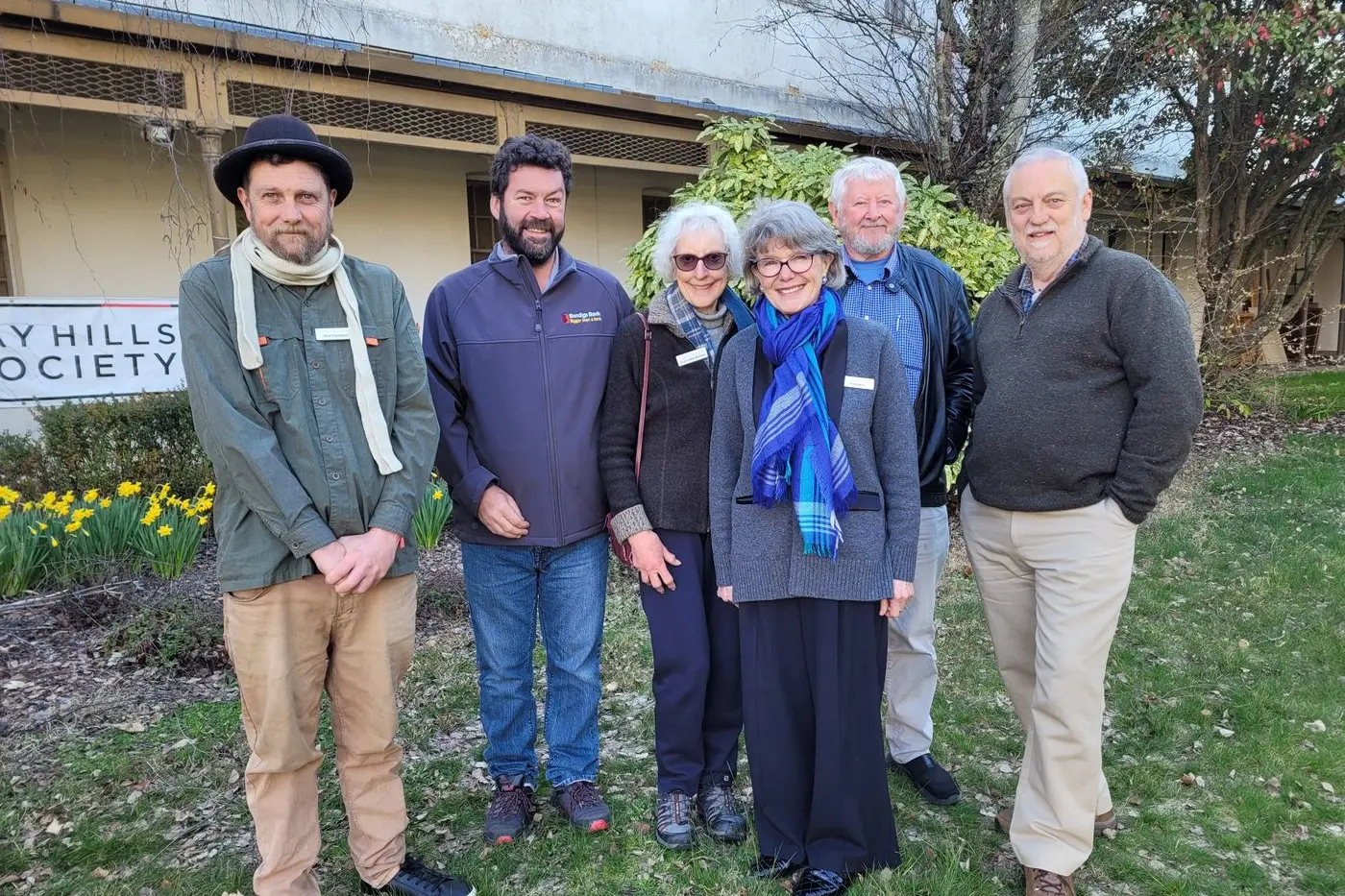 CONTRIBUTED: Friends of the Burke Museum (FOBM) committee member Daniel Goonan (left), Beechworth Bendigo Bank board chair Ben Merritt, presenter Sandra Davidson, FOBM president Dr Kate Suitherland, presenters Michael Evans and local poet Frank Prem at the Mayday Hills event. PHOTO: Coral Cooksley