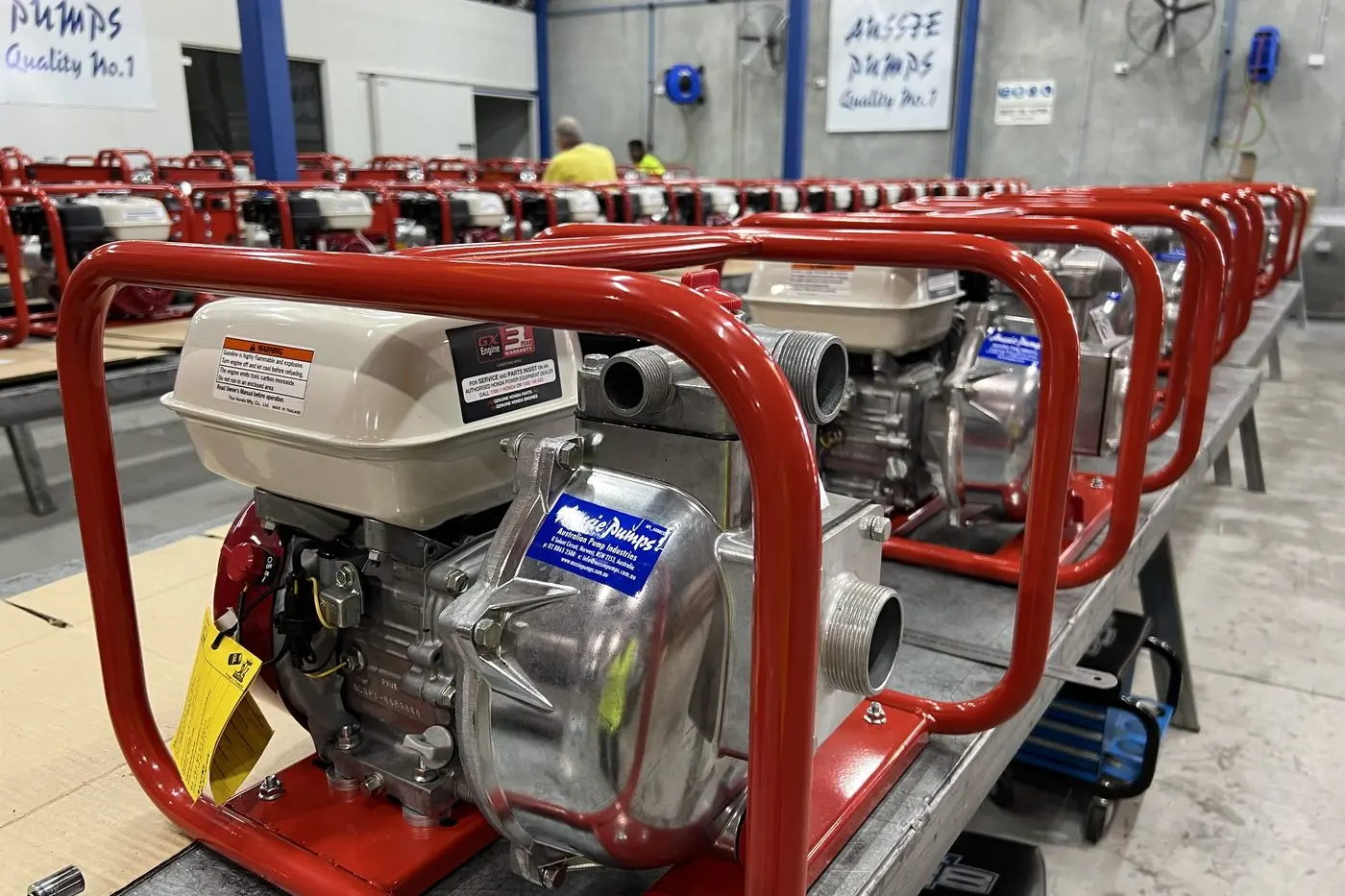 LOOKING AFTER LOCAL: Another production line of Aussie fire pumps powered by Honda