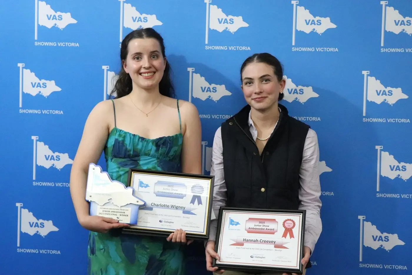 JUNIOR AMBASSADORS: State final winner was Charlotte Wigney (left) representing the Northern District Group & Bendigo Show and runner up Hannah Creevey representing the Midlands Group & Maldon Show. PHOTO: VAS Ltd