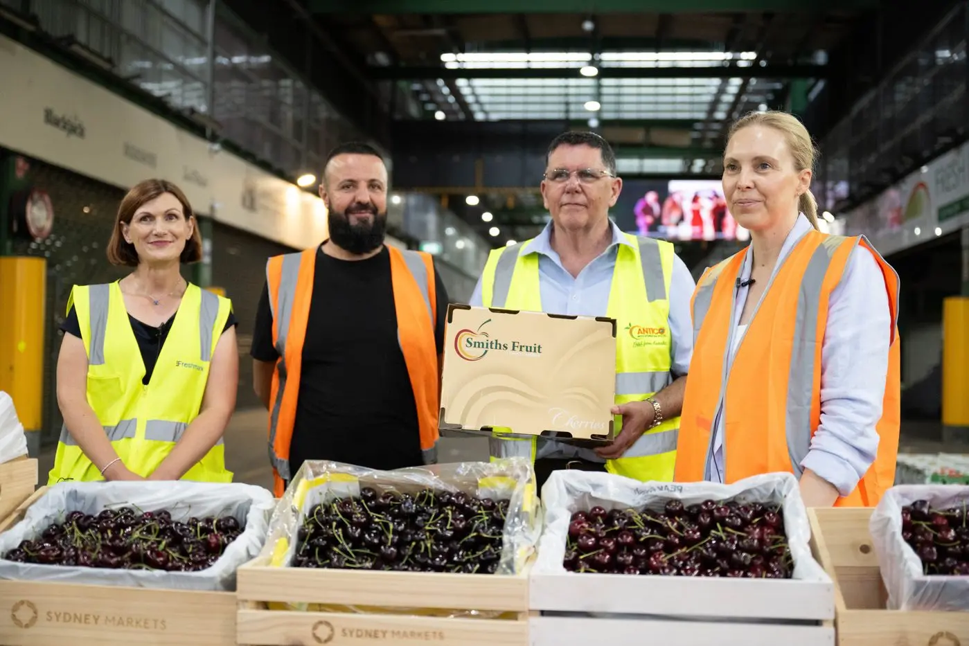 DELICIOUS PRODUCE: Meegan George (CEO of Sydney Markets Foundation),\\nSam Zaiden (director of Sydney Fresh), Hugh Molloy (Antico International) and Clare Pearson (CEO of Little Wings) with the winning cherries.\\n