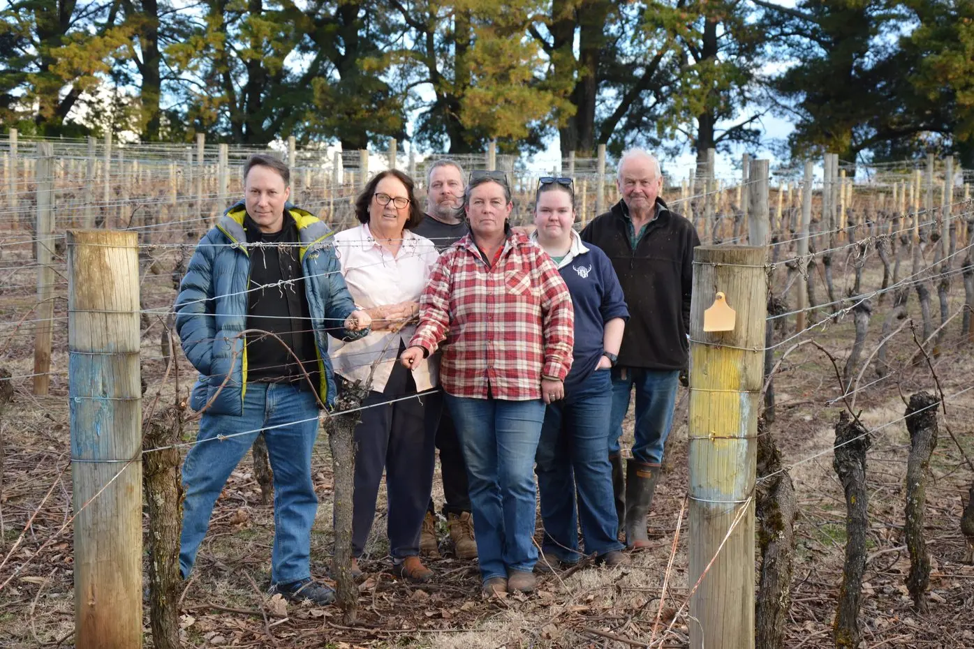 CONCERNED NEIGHBOURS: Chris Masters, Laurel Croucher, Matt Rooke, Rachael Croucher, Emily Croucher and Kevin Croucher are among the local and downstream landholders concerned about Domaine Chandon Australia\\'s application to bore into the Whitlands aquifer. PHOTO: Anita McPherson