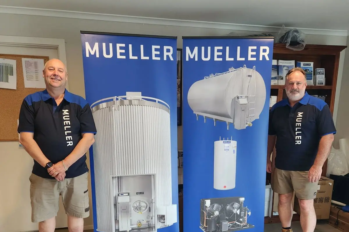 THE BEST IN THE BUSINESS: (From left) Westfalia Warragul managing director John Van De Burgt (MD) and sales manager Mark Andrew are your go-to distributors for Mueller Milk Tanks and Cooling products in Australia.