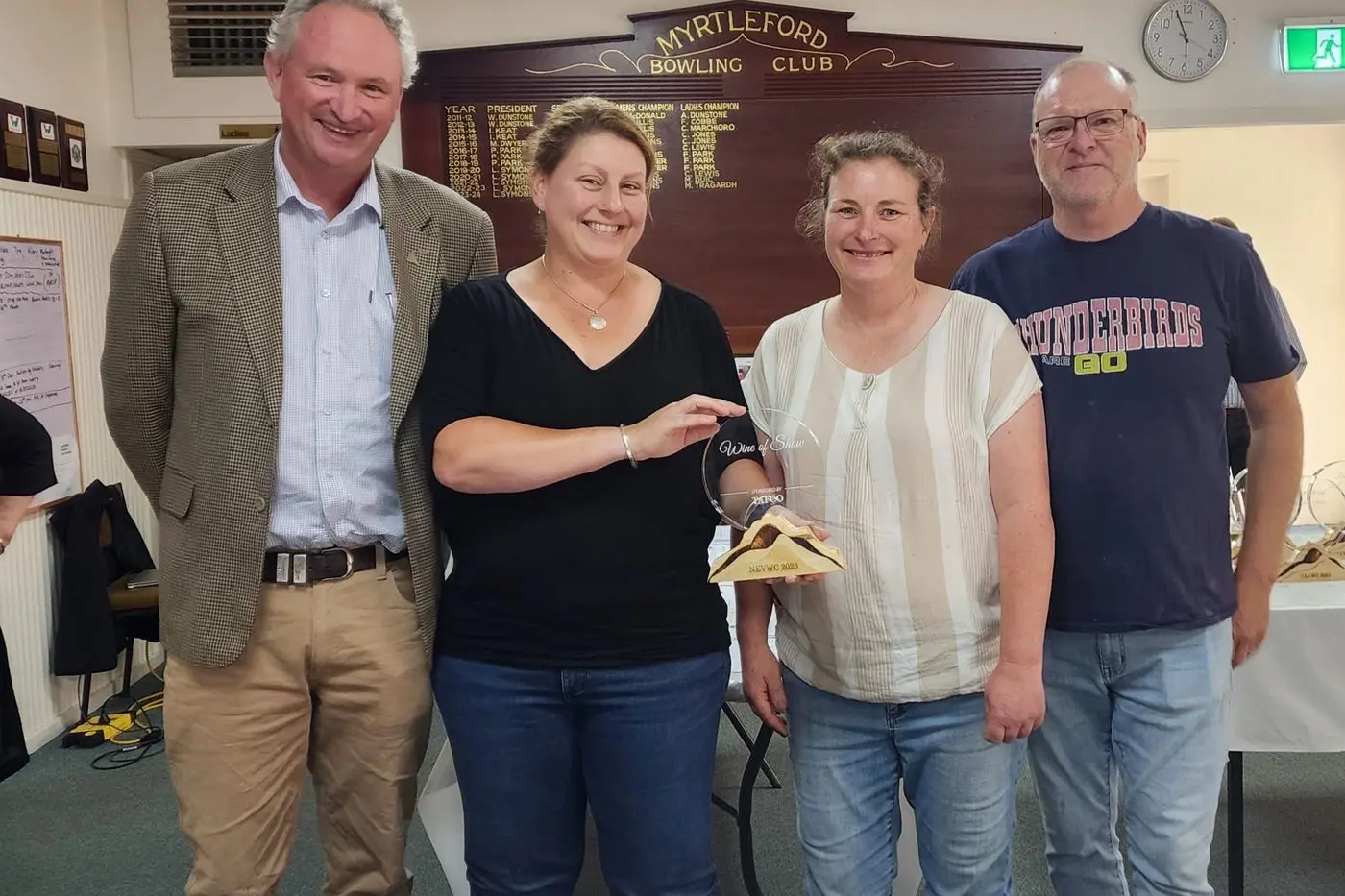 RECEIVING THE TROPHY: Lachlan Campbell (Chairman of the TAFCO board), Melissa Fettke (Senior Winemaker at Billy Button Wines), Jo Marsh and Glenn James (the Owners at Billy Button Wines - Managing Director and Chief Winemaker) accepting the \\'Wine of Show\\' trophy for the 2023 Billy Button \\'Not the Cheese\\' Pecorino.