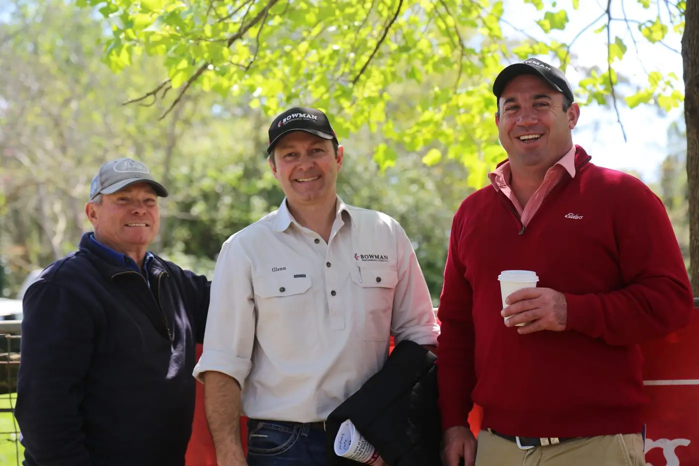 MARK IN THE CALENDAR: At the Bowman Performance Genetics on-property bull sale at Neerim South, pictured are Glenn Bowman (centre), his father Tim Bowman (right) and Elders agent Morgan Davies (left).\\n\\n
