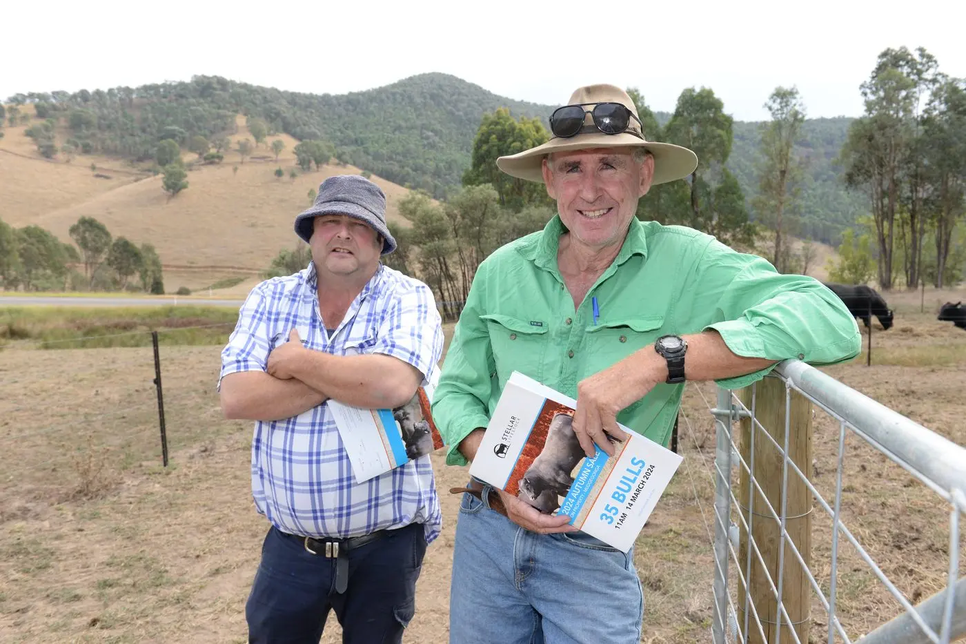 KEEN WATCHERS: Mudgegonga farmers (from left) Mathew Fraser and Neville Blewett were looking at the bulls on offer but were not planning to buy.  PHOTO: Brodie Everist